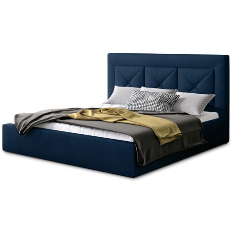 Lit moderne en velours CLARIN - Avec ou sans rangement-Bleu nuit-200x200-Version sommier et coffre (1/5)