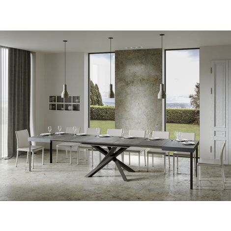 Les Tendances – Table extensible 8 à 20 personnes – Bois mélaminé gris béton – Pieds en acier anthracite – Longueur 180 à 440 cm – Design moderne
