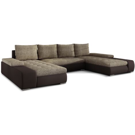 Canapé panoramique convertible TINO bi-matière avec rangement-Marron/Beige clair chiné