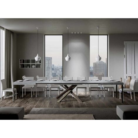 Les Tendances – Table extensible 8 à 20 personnes – Longueur 180 à 440 cm – Plateau en bois mélaminé gris cendré – Pieds entrelacés 4 couleurs – Fabrication italienne (1/5)