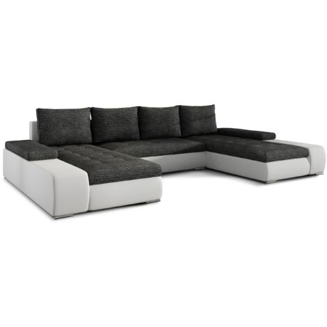Canapé panoramique convertible TINO bi-matière avec rangement-Blanc/Noir chiné