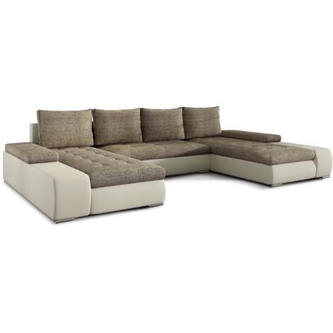 Canapé panoramique convertible TINO bi-matière avec rangement-Beige clair/Beige chiné