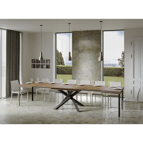 Les Tendances – Table extensible 8 à 20 personnes – Bois mélaminé foncé – Pieds en acier anthracite – Longueur 180 à 440 cm – Fabrication italienne (1/5)