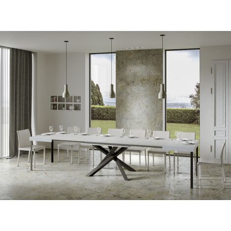 Les Tendances – Table extensible 8 à 20 personnes blanche – Longueur 180 à 440 cm – Pieds entrelacés en acier anthracite – Bois mélaminé italien