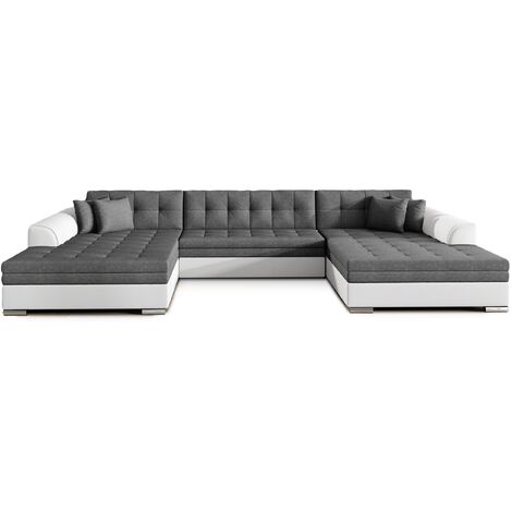Canapé d'angle panoramique convertible tissu gris foncé et simili blanc Vira 355 cm