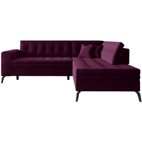 Canapé d'angle convertible velours LARRY - Pieds acier noir-Prune-angle droit (1/5)