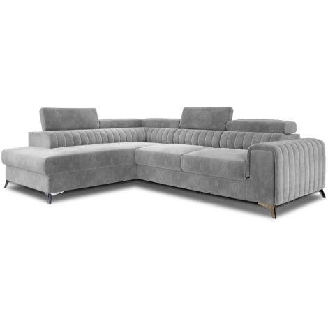 Canapé d'angle convertible 5 places velours 278cm – Appuis-tête réglables – Coffre de rangement – Pieds en acier chromé – Gris clair – Meubler Design (1/5)