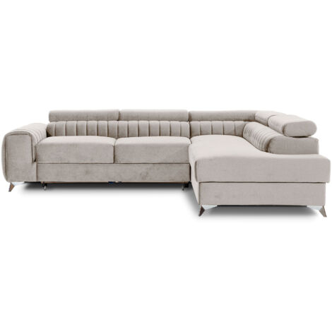 Canapé d'angle convertible velours appuis-tête réglables LOZA - Coffre et pieds acier chromé angle droit-Beige-angle droit (1/5)