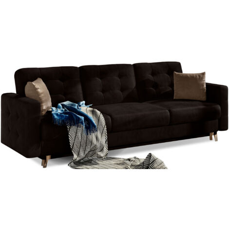 Canapé convertible velours ANSKA - Pieds bois naturel-Marron foncé (1/5)