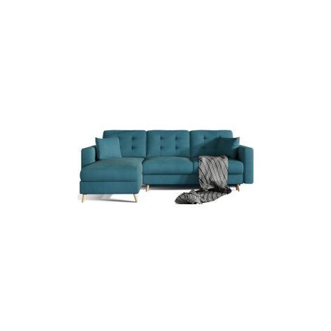 Canapé d'angle convertible et réversible velours ANSKA - Pieds bois naturel-Bleu canard (1/5)