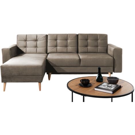 Canapé d'angle convertible et réversible velours ANSKA - Pieds bois naturel-Marron clair (1/5)