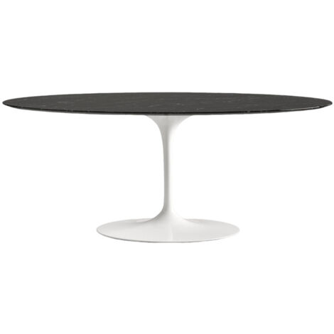 Table tulipe ovale en marbre Haute de gamme-Plateau Marbre noir Marquinia-Largeur 240 cm-Piètement Blanc brillant (1/5)