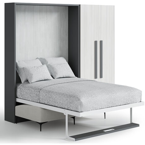Lit armoire escamotable verticale 160 x 200 cm blanc avec matelas
