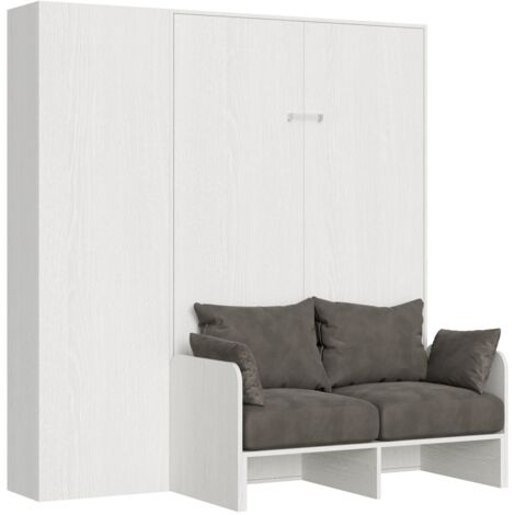 Lit escamotable 140x190 cm avec canapé et colonne de rangement – Structure en mélaminé blanc – Mécanisme à ressorts à gaz – Matelas jusqu'à 24 cm – Itamoby (1/5)
