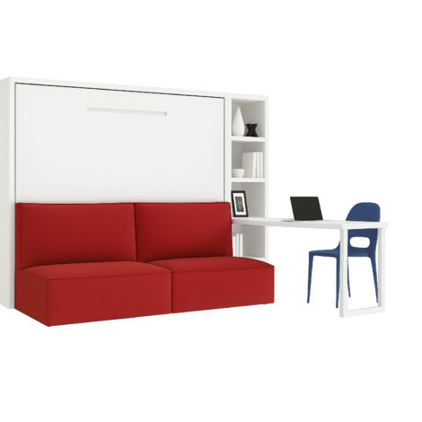 Lit escamotable 160x200 avec canapé tissu Logia-Canapé Rouge-Structure et Façade Blanche-Version lit+canapé+étagère+bureau (1/5)