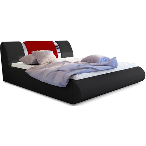 Lit coffre 140x200 simili noir-rouge et métal chromé Flavien (1/4)