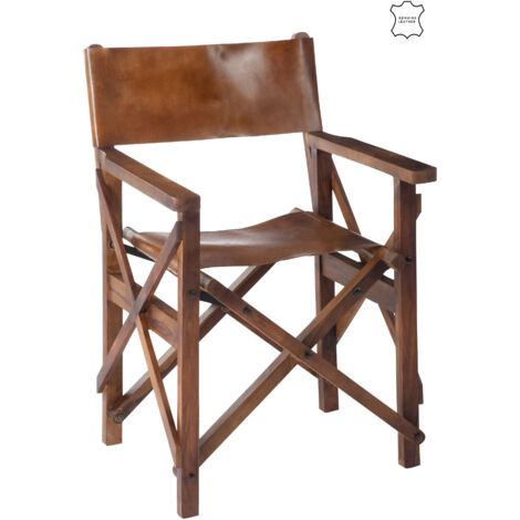 Chaise de régisseur pliable bois et cuir marron Pilia (1/5)