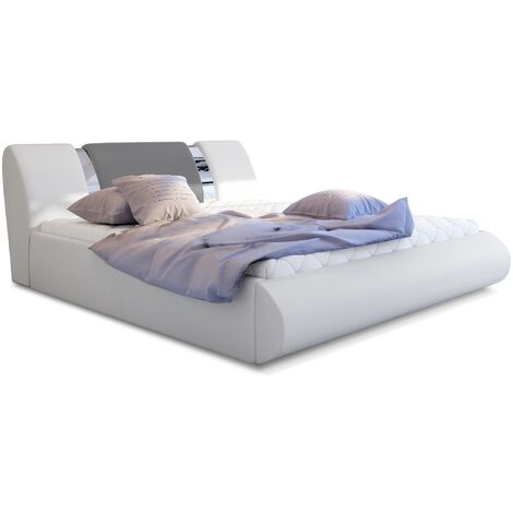Lit coffre 160x200 simili blanc-gris et métal chromé Flavien (1/4)