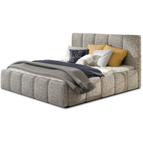 Lit adulte Vika – Tissu capitonné-Gris chiné-140x200-Version avec sommier (1/5)