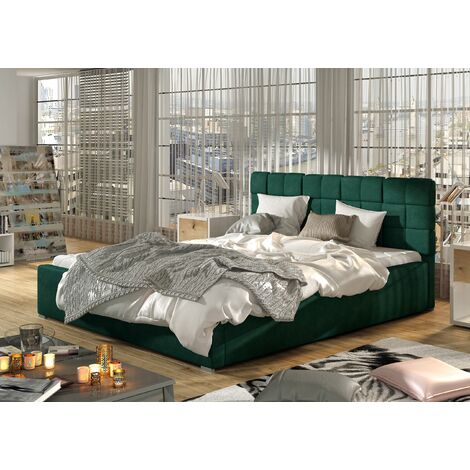 Lit Double 140x200 Cm - Bois Sculpté Capitonné Velours - Occasion - Sans Matelas