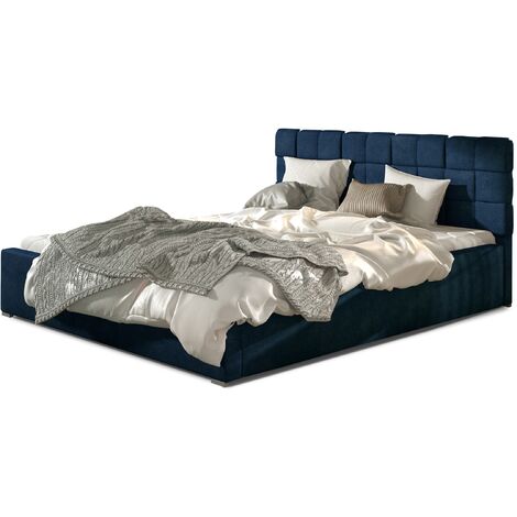 Lit adulte avec coffre de rangement Kanda – Velours capitonné-Bleu foncé-160x200 (1/5)