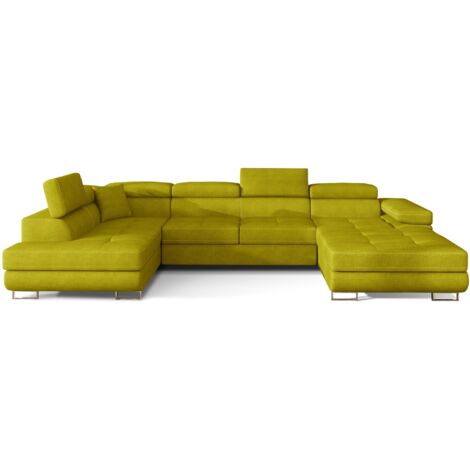 Canapé panoramique convertible ROMANO tissu - Rangement et appuie-têtes réglables à droite-Jaune moutarde-Coffre à droite