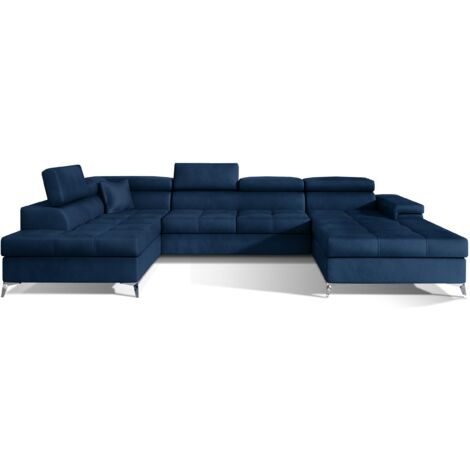 Canapé panoramique convertible KUTTY velours - Rangement et têtières réglables-Bleu foncé-Coffre à gauche