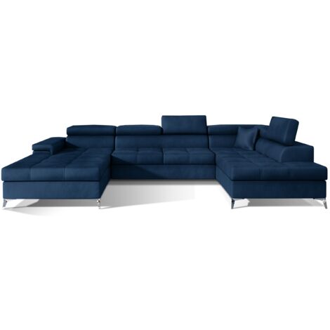 Canapé panoramique convertible KUTTY velours - Rangement et têtières réglables-Bleu foncé-Coffre à droite
