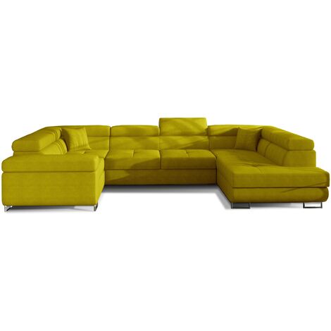 Canapé convertible convertible TOVY tissu - Rangement et têtières réglables à droite-Jaune olive-Coffre à droite (1/5)