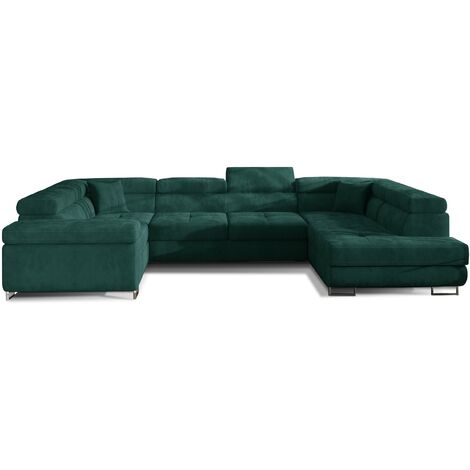 Canapé convertible panoramique TOVY velours - Rangement et têtières réglables à droite-Vert-Coffre à droite (1/5)