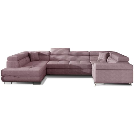 Canapé convertible convertible TOVY tissu - Rangement et têtières réglables à gauche-Rose-Coffre à gauche (1/5)