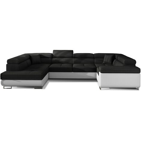 Canapé convertible panoramique TOVY tissu et simili cuir - têtières réglables à gauche-Blanc/Noir-Coffre à gauche (1/5)