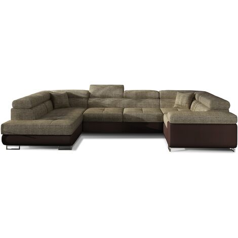 Canapé convertible panoramique TOVY tissu et simili cuir - têtières réglables à gauche-Marron/Beige chiné-Coffre à gauche (1/5)