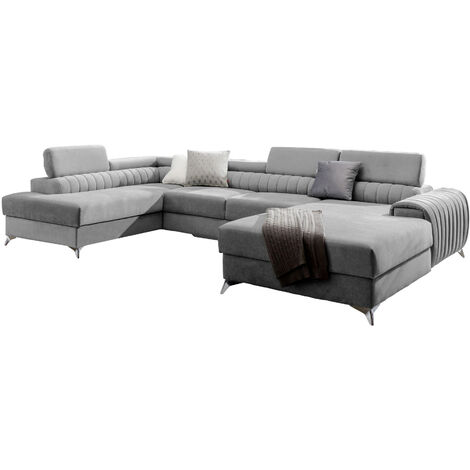 Canapé en U convertible KALANTE tissu - Coffre de rangement et appuie-têtes réglables à gauche-Gris clair chiné-Coffre à gauche (1/5)