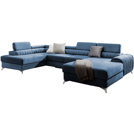 Canapé en U convertible KALANTE tissu - Coffre de rangement et appuie-têtes réglables à gauche-Bleu charrette-Coffre à gauche (1/5)