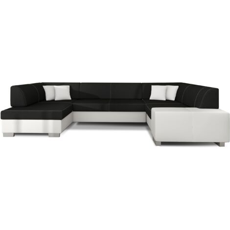 Canapé panoramique convertible HOUSTON en bi-matière avec coffre de rangement à gauche-Blanc/Noir-Coffre à gauche (1/5)