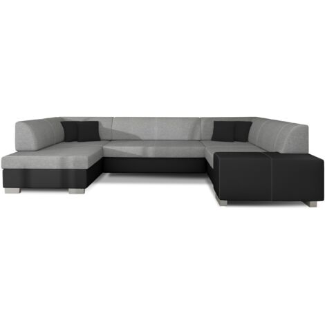Canapé panoramique convertible HOUSTON en bi-matière avec coffre de rangement-Noir/Gris clair-Coffre à gauche (1/5)