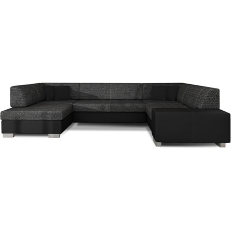 Canapé panoramique convertible HOUSTON en bi-matière avec coffre de rangement à gauche-Noir/Noir chiné-Coffre à gauche (1/5)