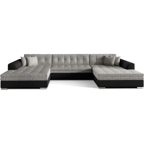 Les Tendances – Canapé panoramique convertible 6 places – Bi-matière simili cuir et tissu italien – Dimensions 359 x 165 cm – Surface de couchage 126 x 305 cm
