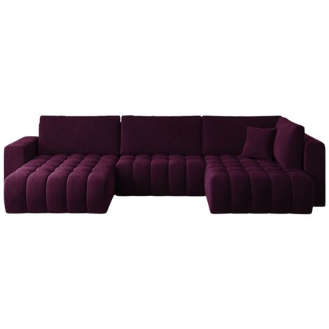 Les Tendances – Canapé d'angle panoramique 5 places en velours capitonné – Méridienne à gauche – Largeur 350 cm – Surface de couchage 120 x 296 cm – Bordeaux (1/5)