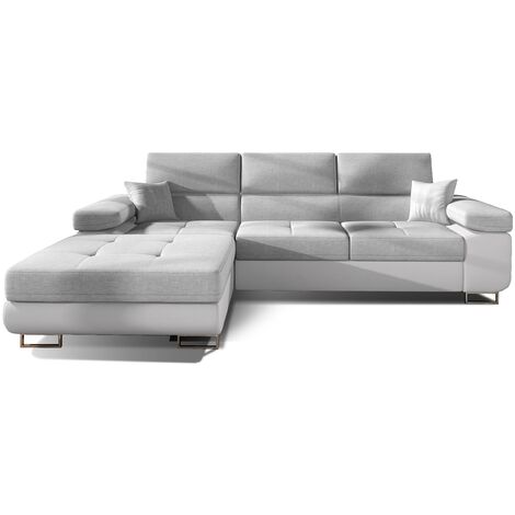 Canapé d'angle convertible appuis-tête réglables KALIZO - Coffre et pieds acier chromé angle gauche-Blanc/Gris clair-angle gauche (1/5)