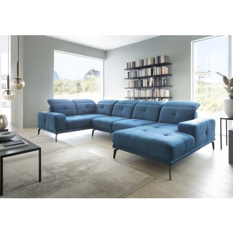 Canapé panoramique design SKAW tissu - Têtières réglables A gauche-Bleu paon-Méridienne A gauche (1/5)
