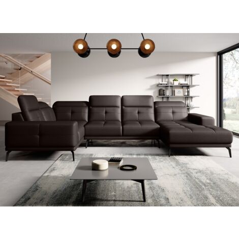 Les Tendances – Canapé d'angle 6 places en simili cuir marron – Têtières réglables – Largeur 350 cm – Confort mousse HR – Fabrication européenne (1/5)