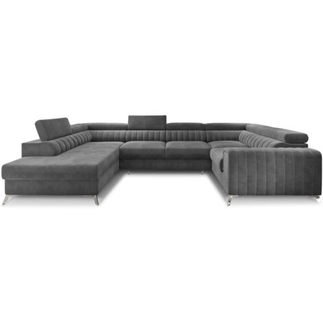 Canapé panoramique convertible LOUVE velours - Rangement et têtières réglables à gauche-Gris foncé-Coffre à gauche (1/5)