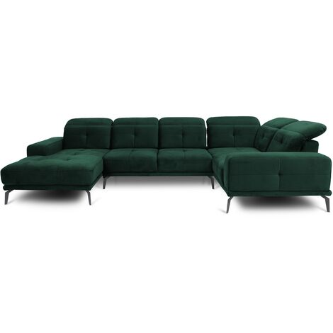 Canapé panoramique design SKAW velours - Têtières réglables A droite-Vert épinard-Méridienne A droite (1/5)