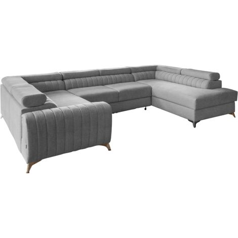 Canapé panoramique convertible LOUVE tissu - Rangement et têtières réglables à droite-Gris clair chiné-Coffre à droite (1/5)