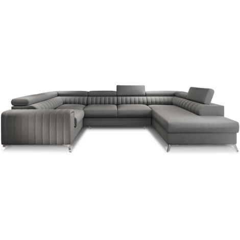 Les Tendances – Canapé d'angle panoramique convertible 6 places – Dimensions L 347 x P 202 x H 92 cm – Tissu premium anti-taches – Coffre de rangement à droite (1/5)
