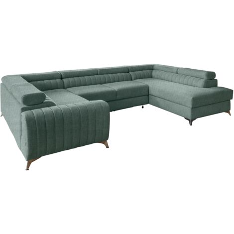 Canapé panoramique convertible LOUVE tissu - Rangement et têtières réglables à droite-Vert emeraude-Coffre à droite (1/5)