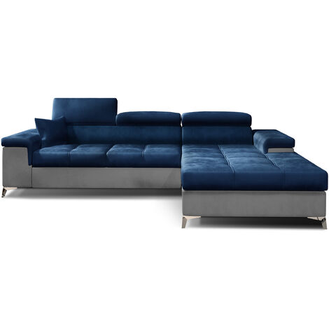 Canapé angle droit convertible velours bleu marine et gris clair avec appuis-tête réglables Rikaro 280cm (1/5)