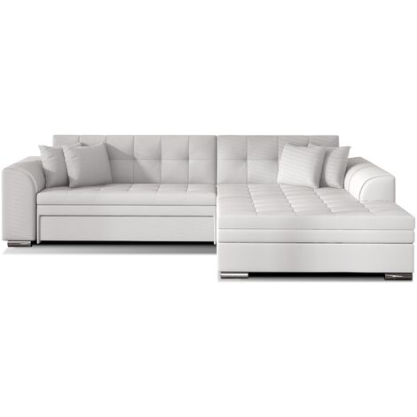 Canapé d'angle droit convertible 5 places simili blanc Looka - Pieds métal chromé (1/5)